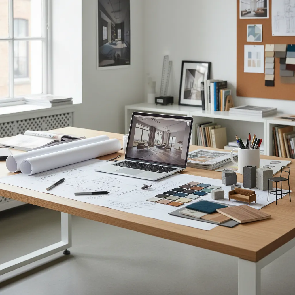 Estudiante desarrollando un proyecto de diseño interior con planos y laptop