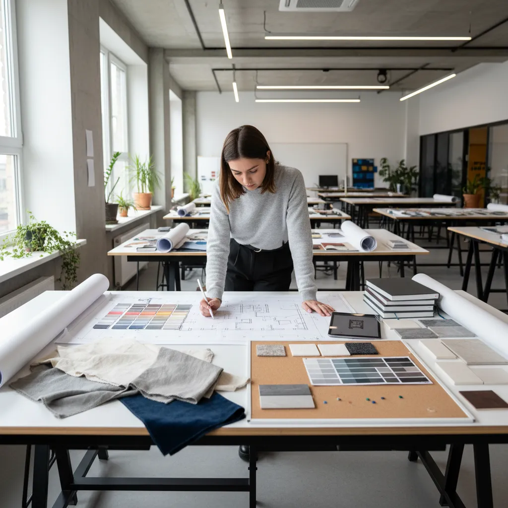 Estudiante desarrollando un proyecto de interiorismo con planos y muestras de materiales
