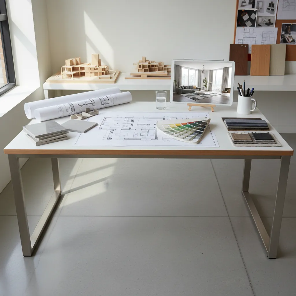 Proyecto de diseño de interiores con planos, muestras de materiales y tablet con render 3D