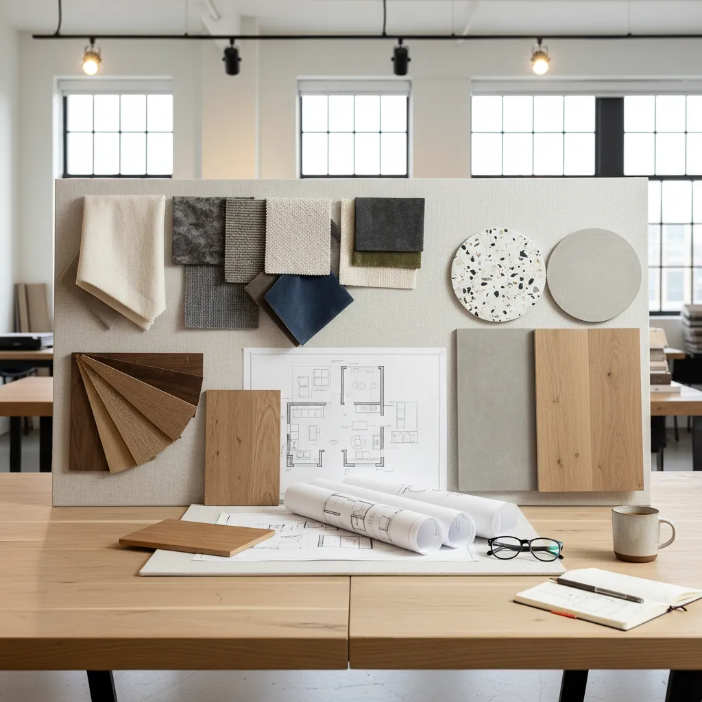 Proyecto conceptual de interiorismo con moodboard y materiales