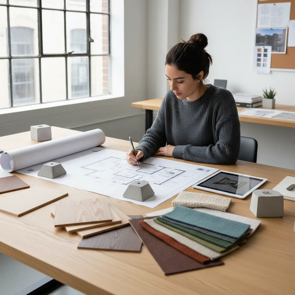 Estudiante revisando planos y muestras de materiales para un proyecto de interiorismo