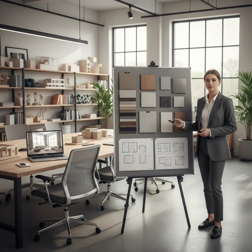 Estudiante presentando proyecto de interiorismo con tablero de materiales