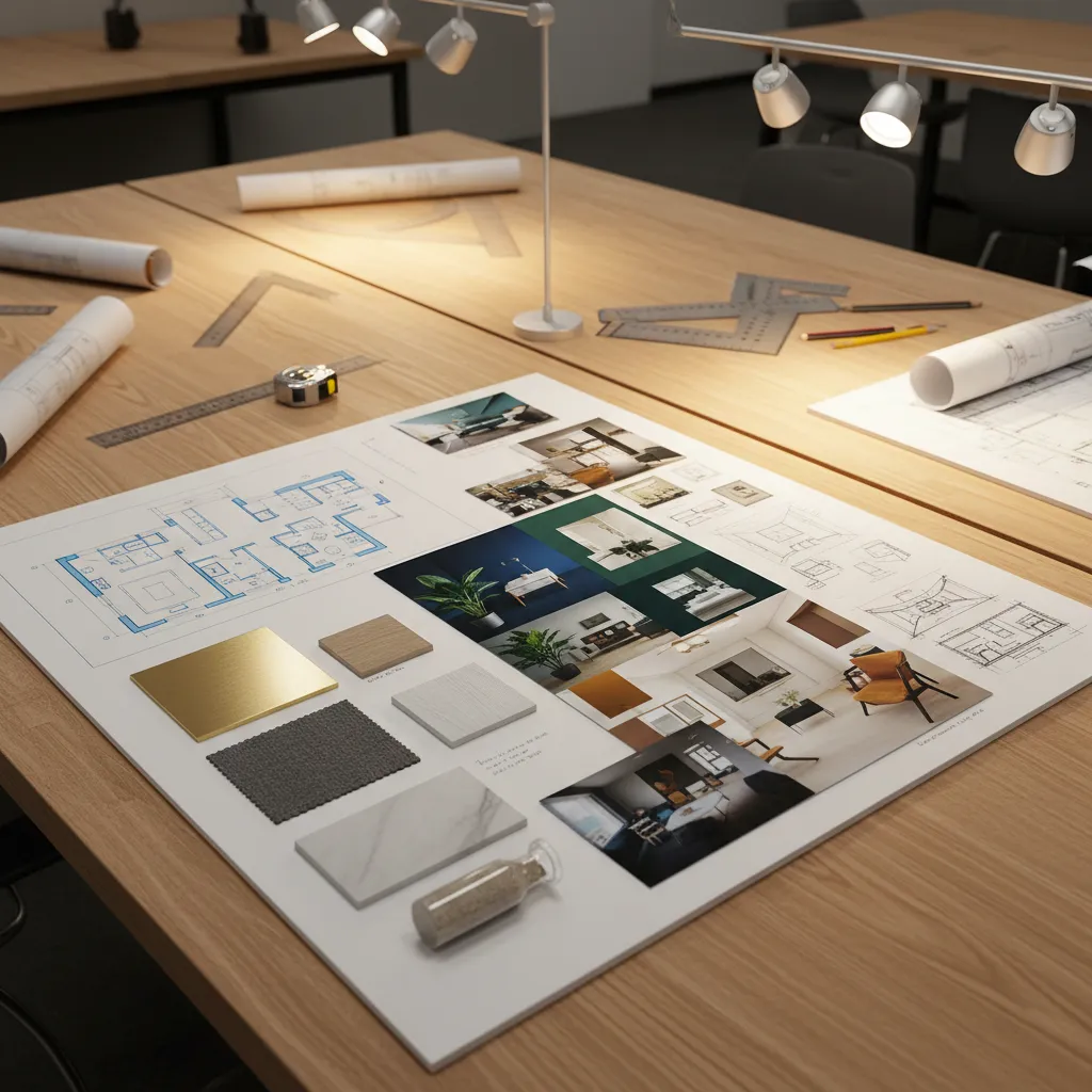 Proyecto de interiorismo con planos, muestras de materiales y bocetos