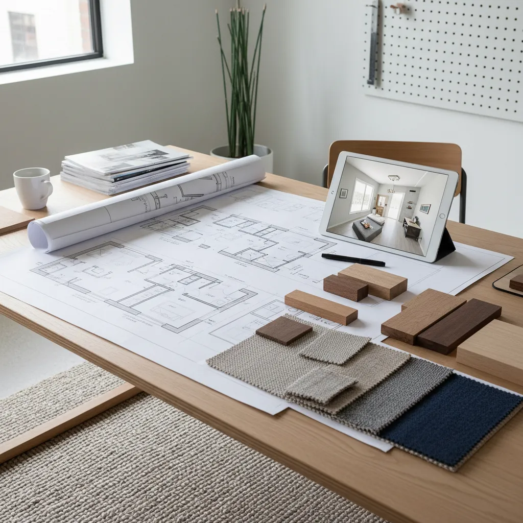 Interior design workspace with paper floor plan fabric swatches wooden material samples and tablet display