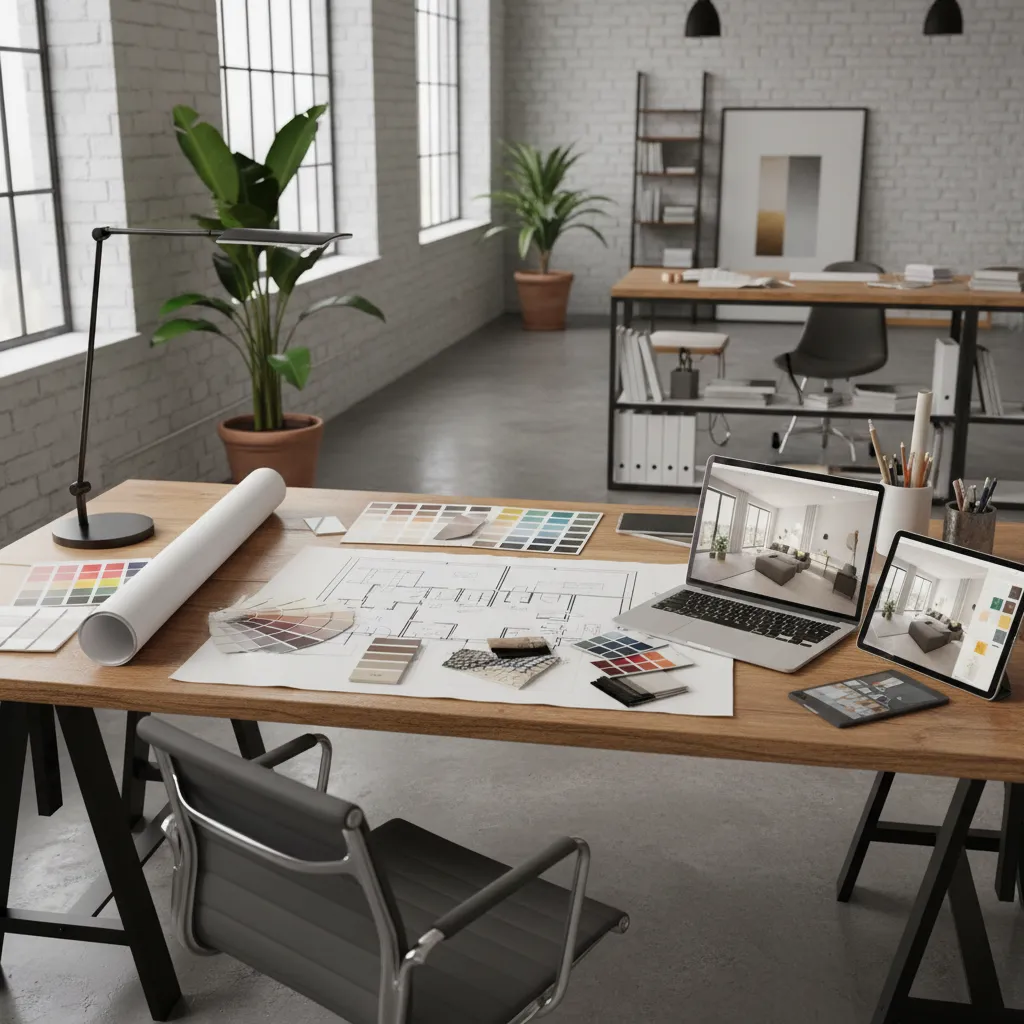 Estudiante trabajando en un proyecto de interiorismo con planos y materiales