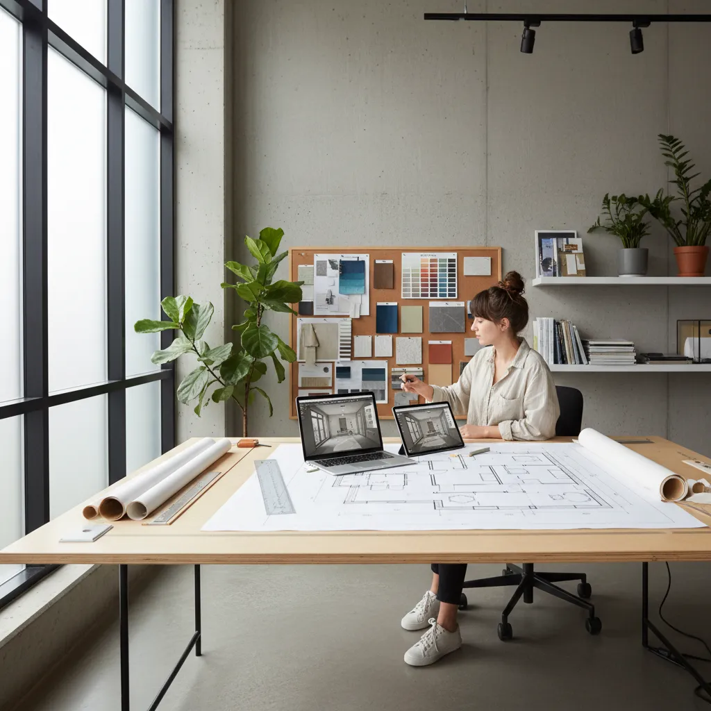 Alumno desarrollando un proyecto de interiorismo con moodboard y planos