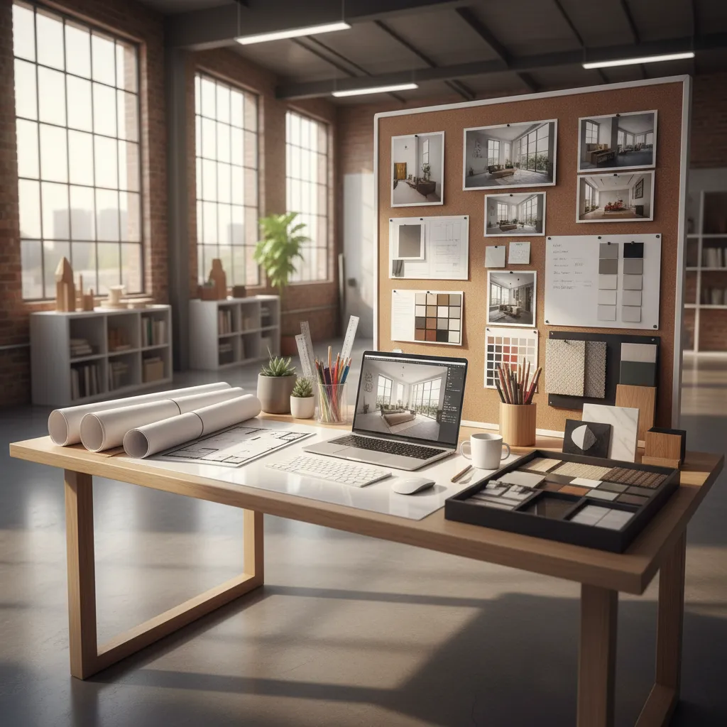 Interior design workspace with laptop, floor plans, material samples, and picture board on brick wall