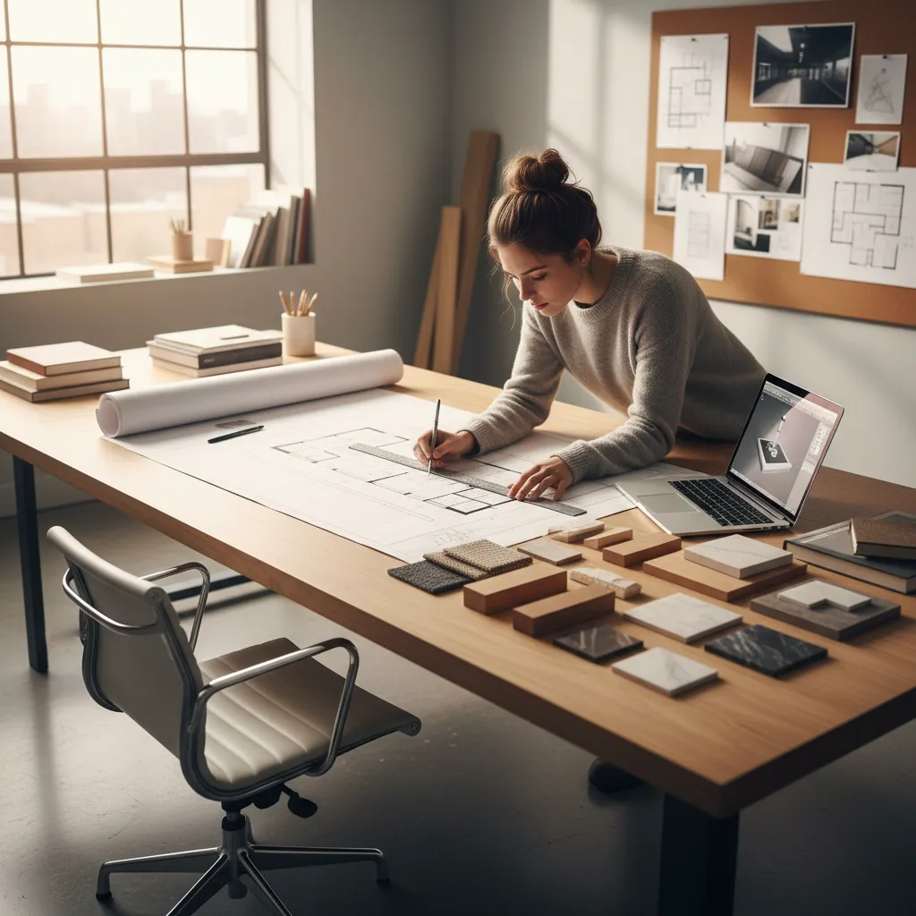 Female designer sketching room layout on wooden desk with material samples and interior design drawing