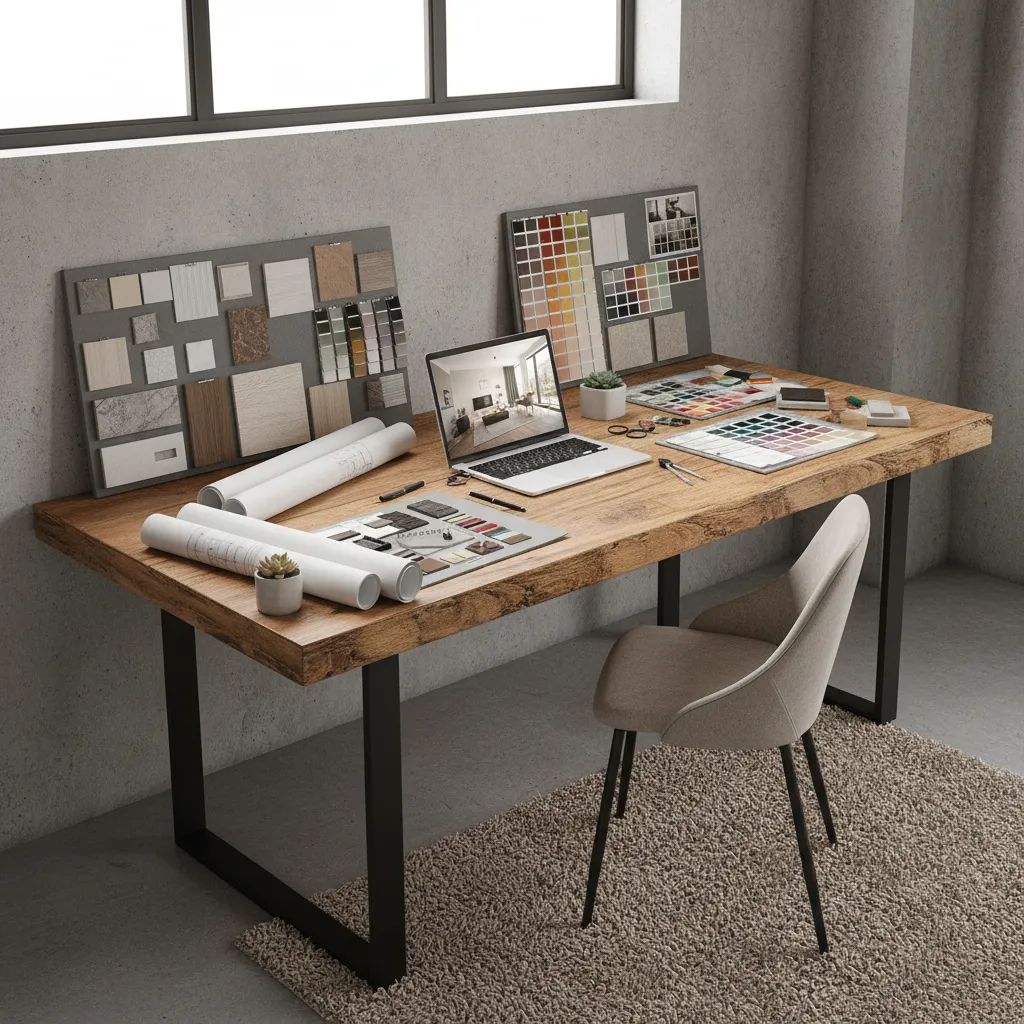 Estudiante trabajando en un proyecto de interiorismo con planos y muestras de materiales