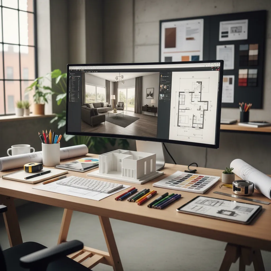 Proyecto de interiorismo en pantalla con planos y modelo 3D