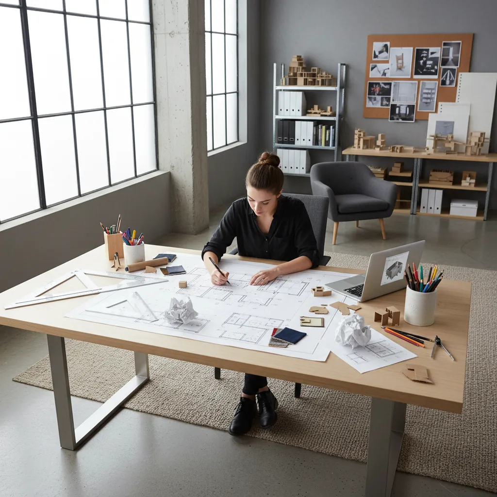 estudiante diseñando un plano de interiorismo sobre mesa de trabajo