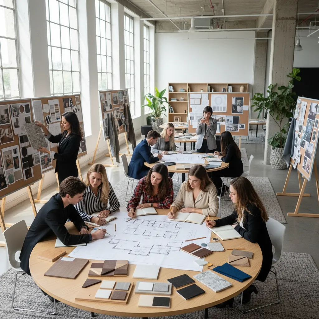 Estudiantes de diseño de interiores revisando planos y muestras de materiales