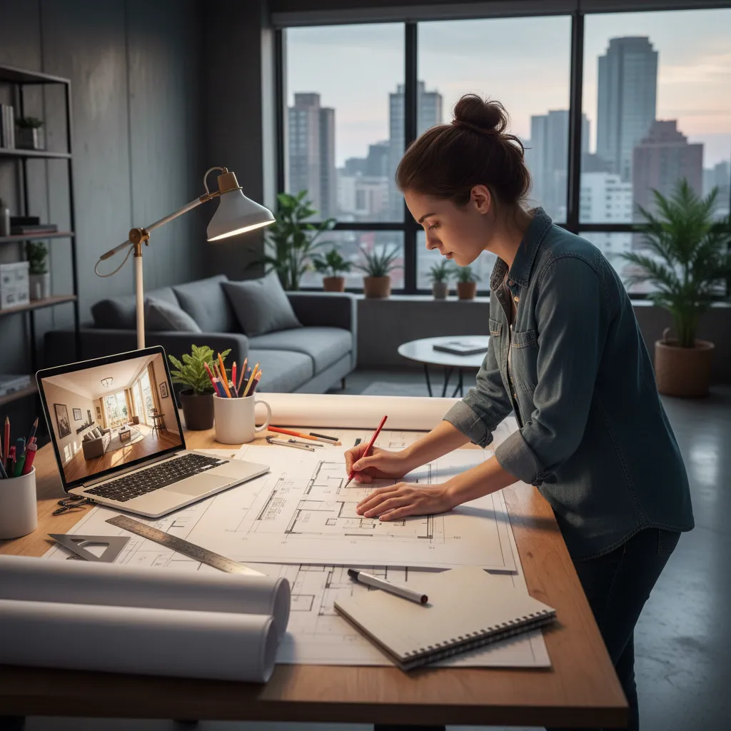 Woman drawing room layout on paper next to laptop showing a modern interior design drawing