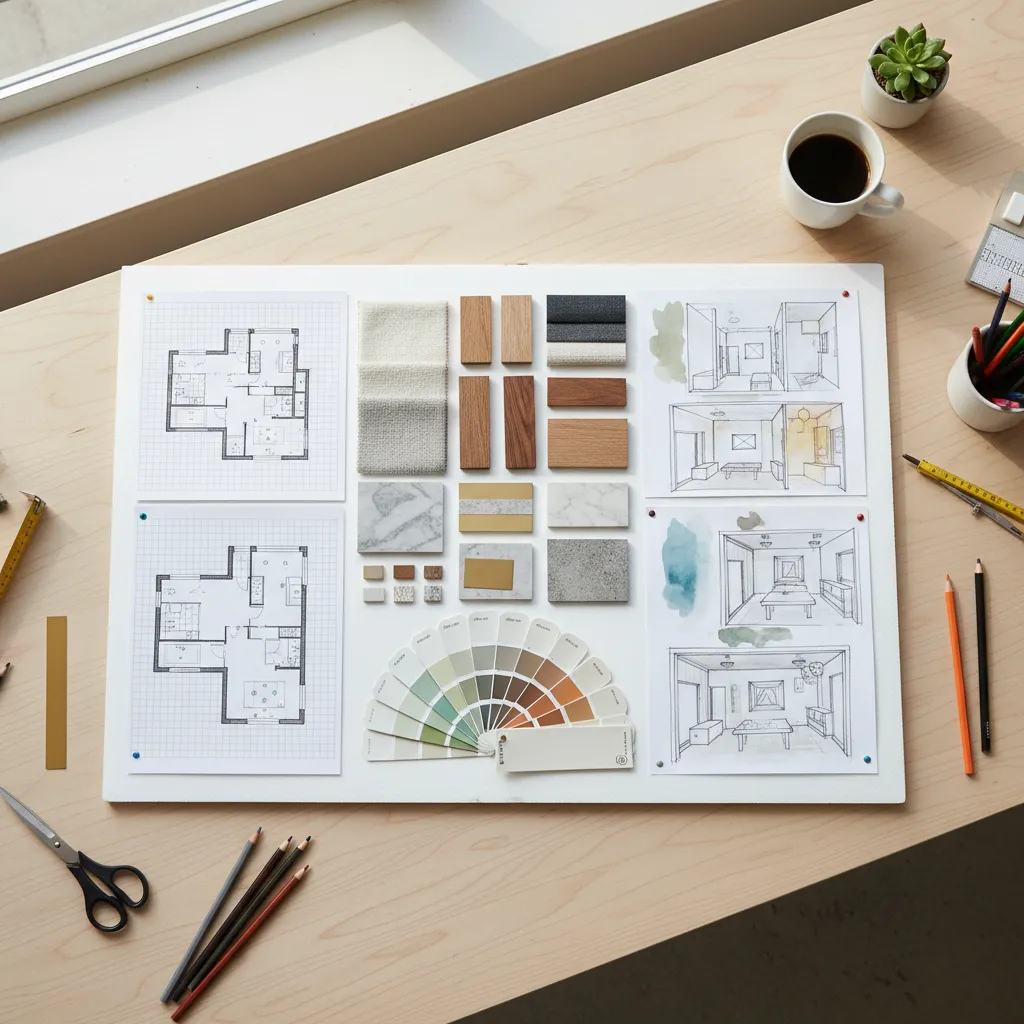 White board with Coohom floor plans wood samples tiles interior design drawings and color fan