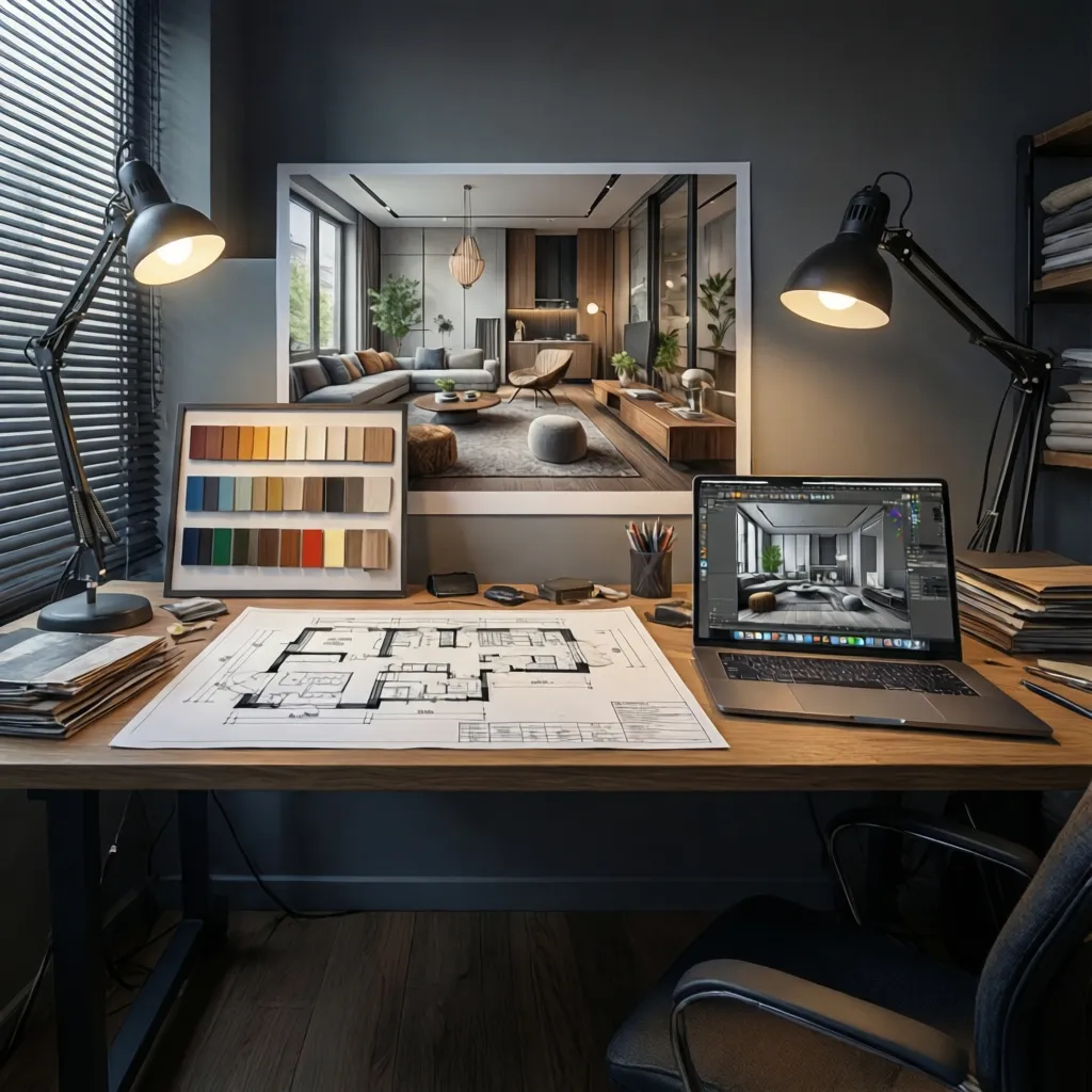 Interior design workspace with floor plan laptop lamps and color material samples for creative project
