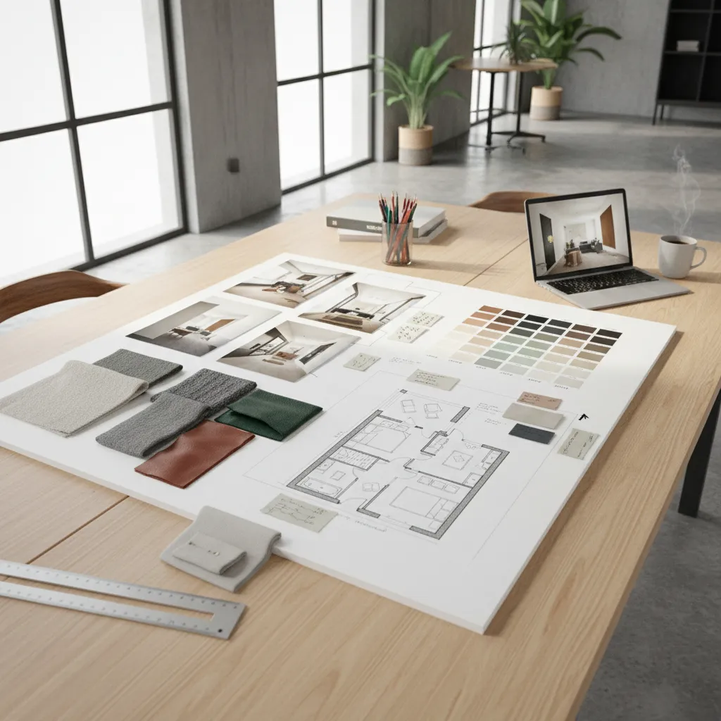 Proyecto de estudiante con tablero de inspiración y plano de vivienda