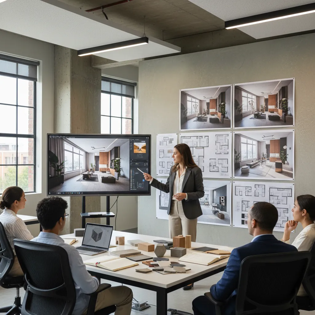 Estudiante presentando un proyecto de interiorismo con paneles y renders