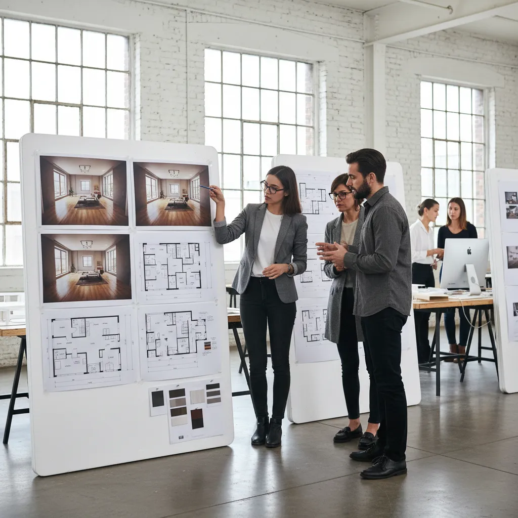 Estudiante presentando proyecto de interiorismo con paneles y renders