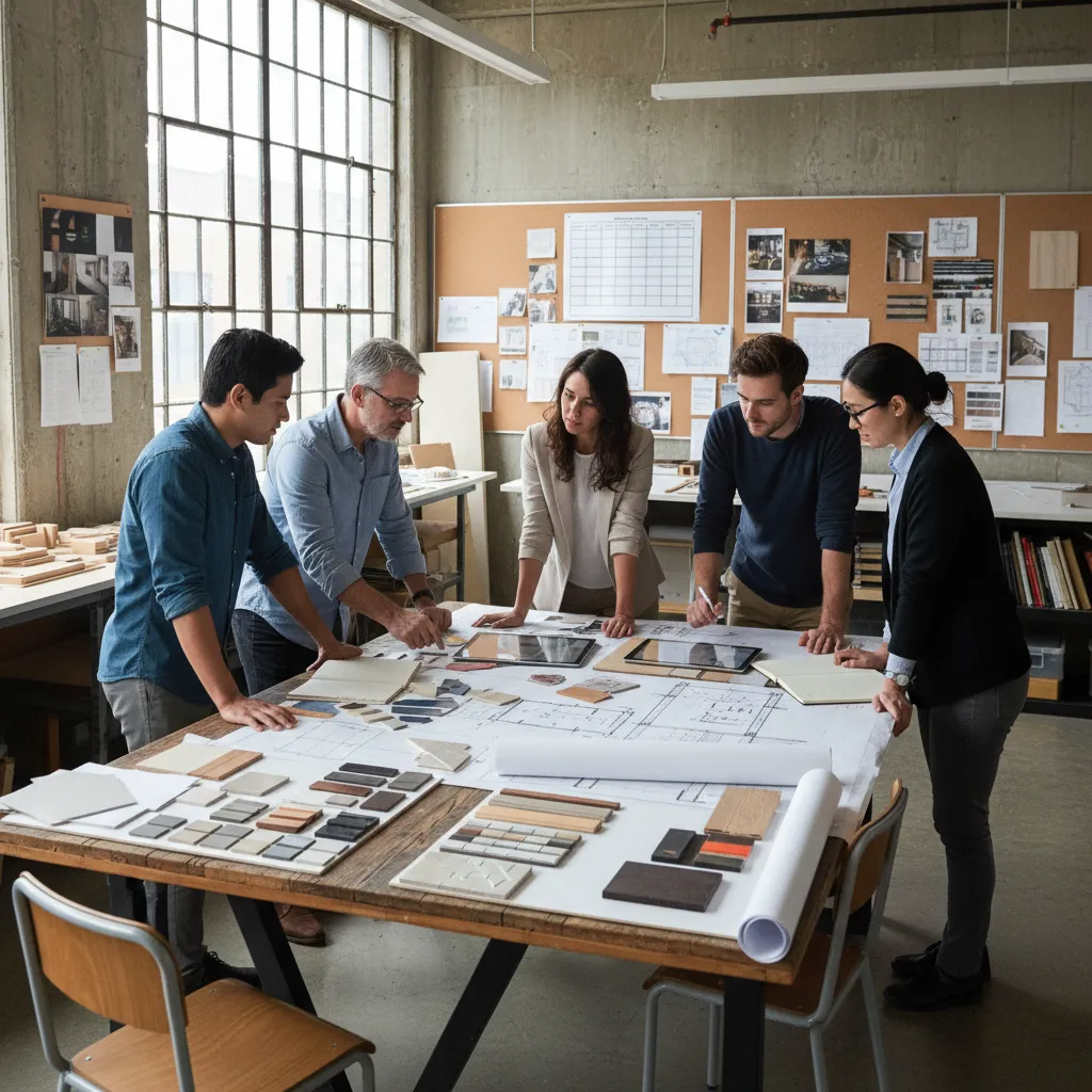 Revisión de proyectos de interiorismo con paneles y planos en una mesa
