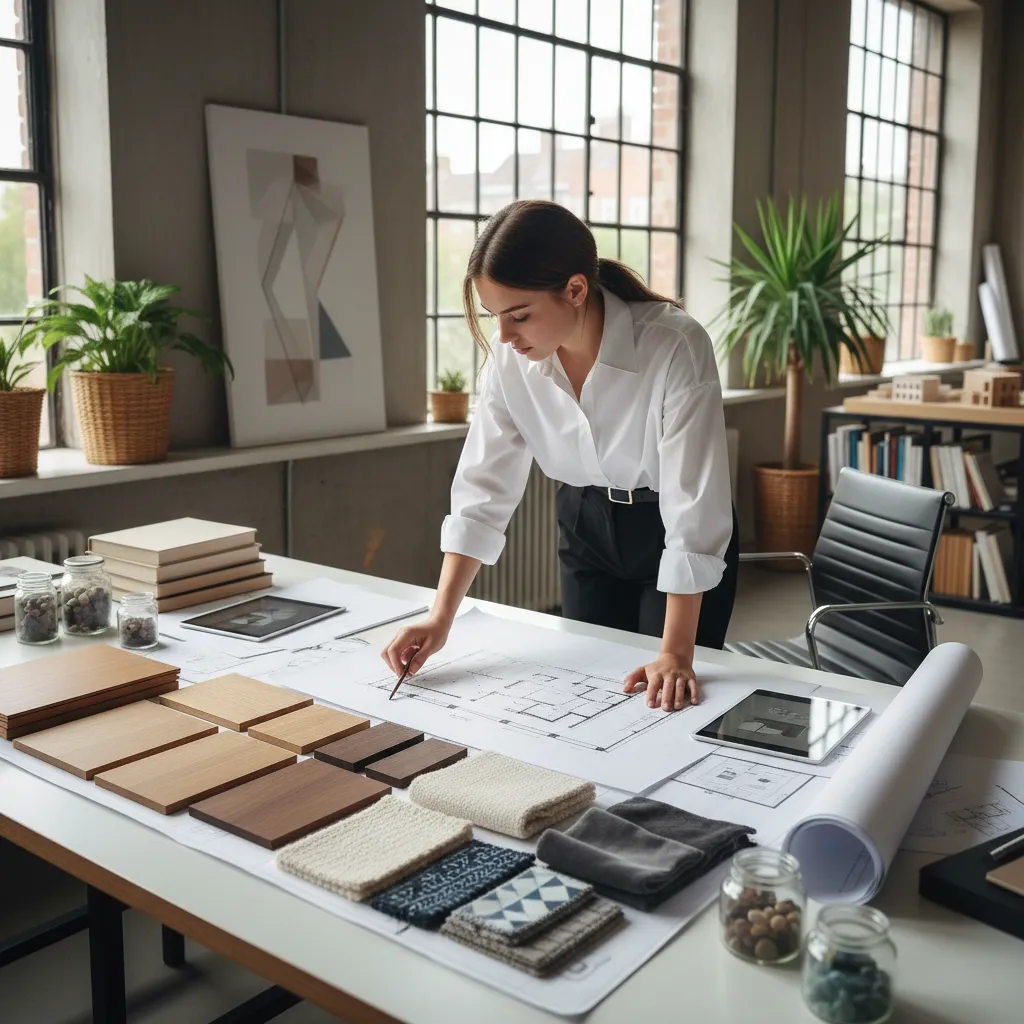 Estudiante revisando planos y muestras de materiales para un proyecto de interiorismo