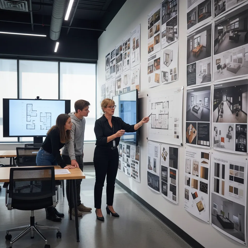 Profesores revisando proyectos de interiorismo con estudiantes