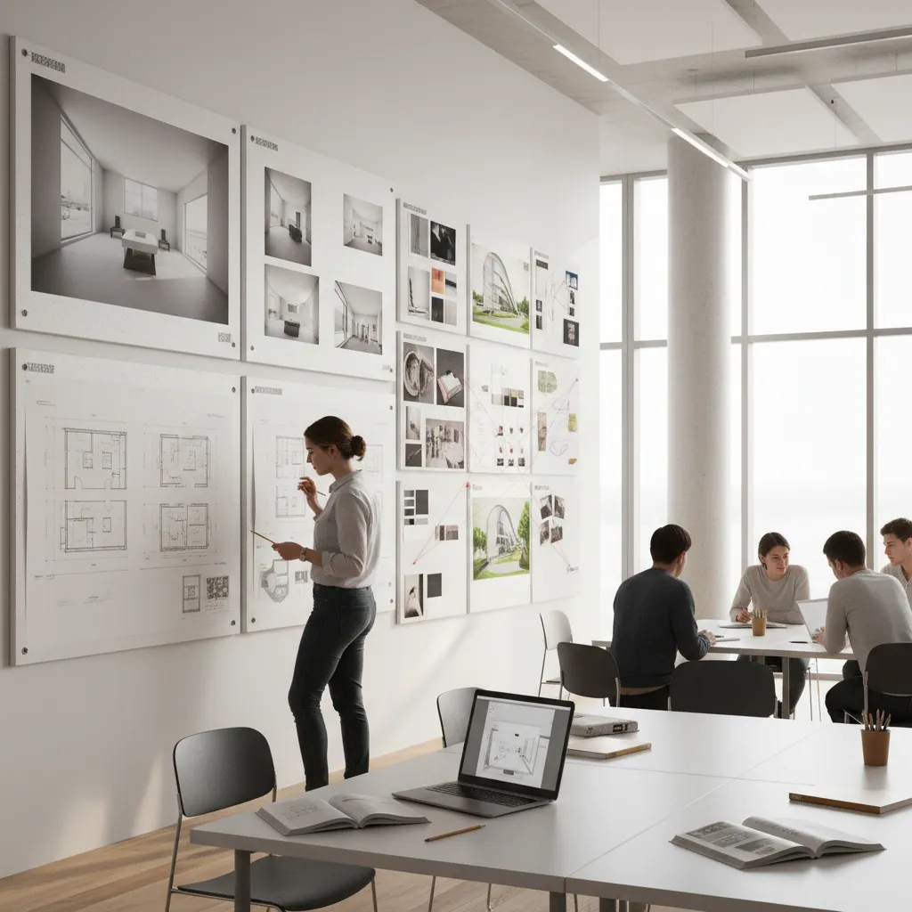Interior design student reviewing presentation boards and renderings on studio wall