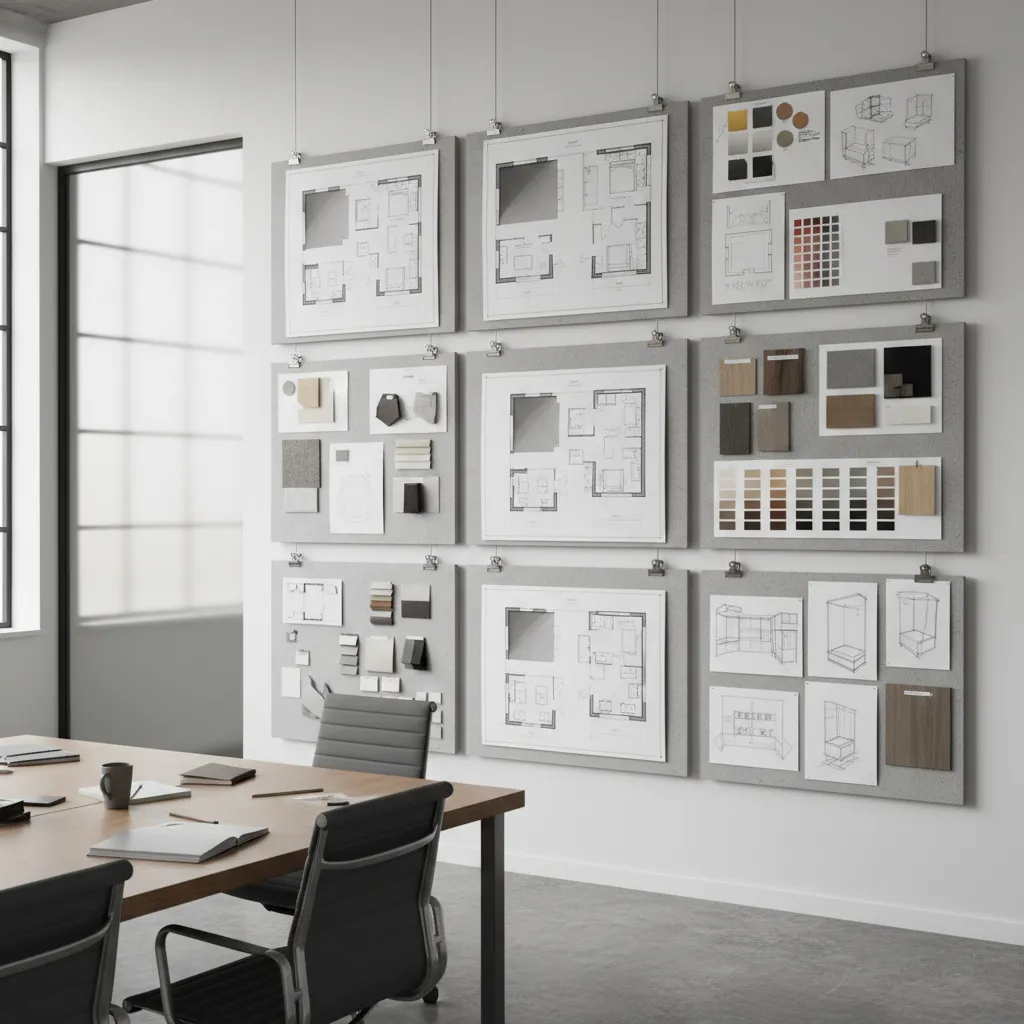 Paneles de proyectos de interiorismo con planos y muestras de materiales