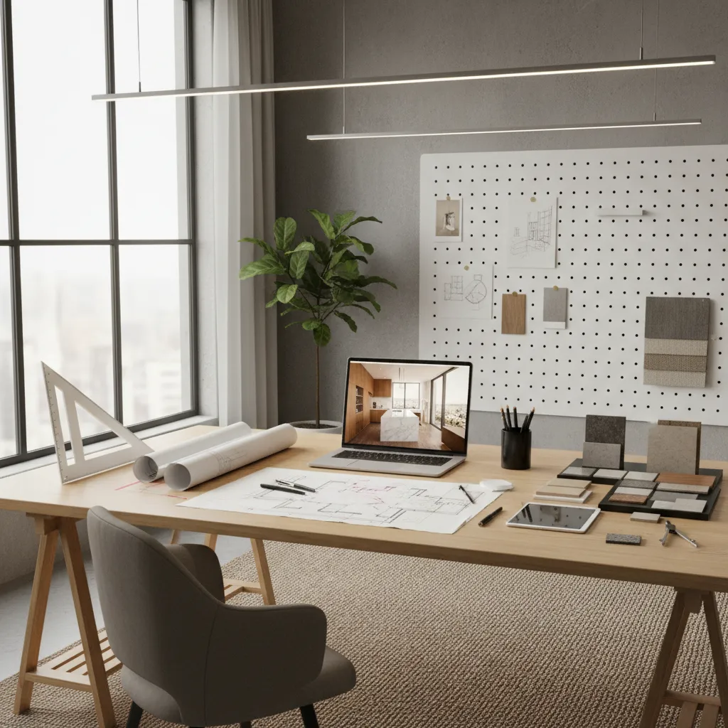 Mesa de trabajo con planos, muestras de materiales y portátil con diseño 3D