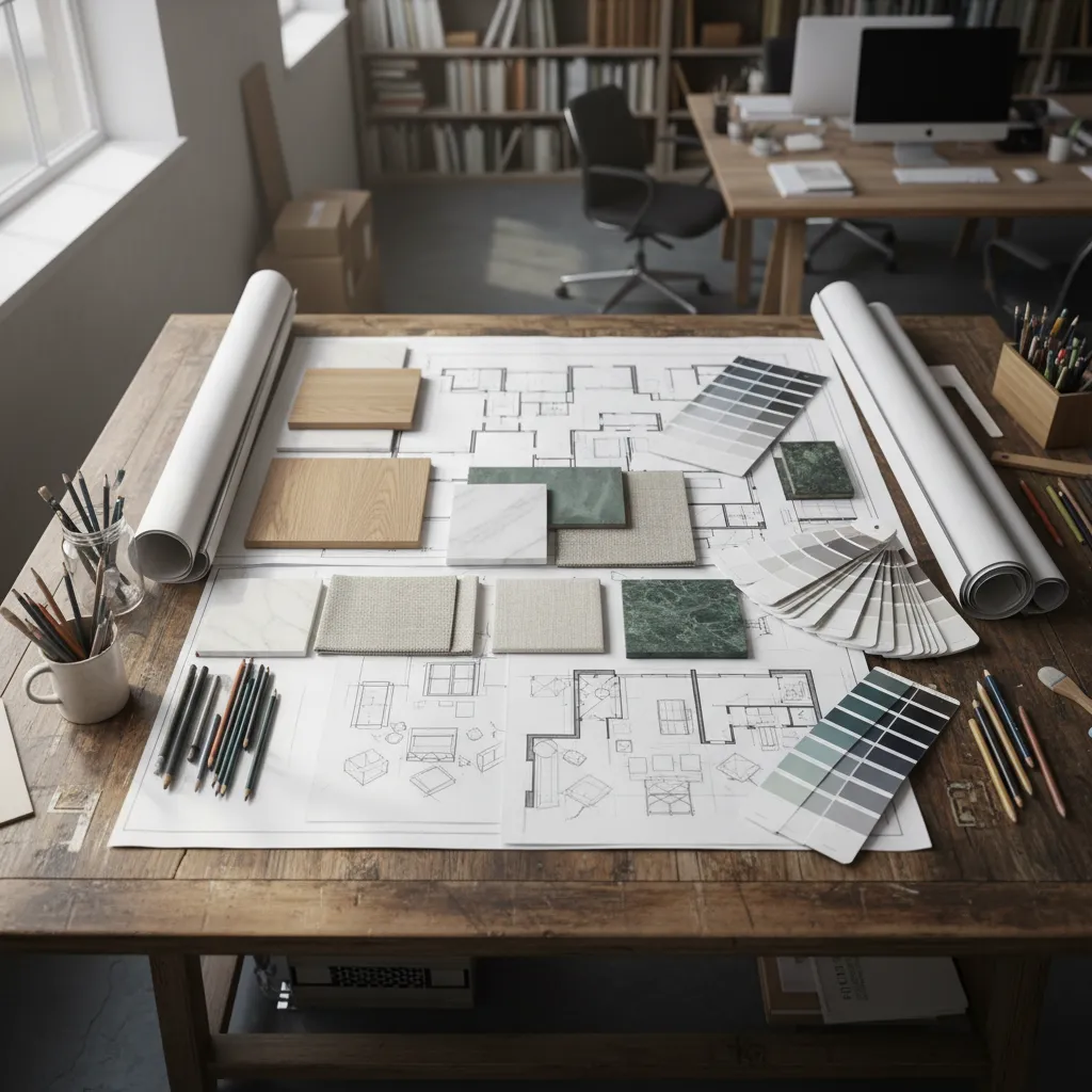 Mesa con planos de interiorismo, muestras de materiales y bocetos de diseño