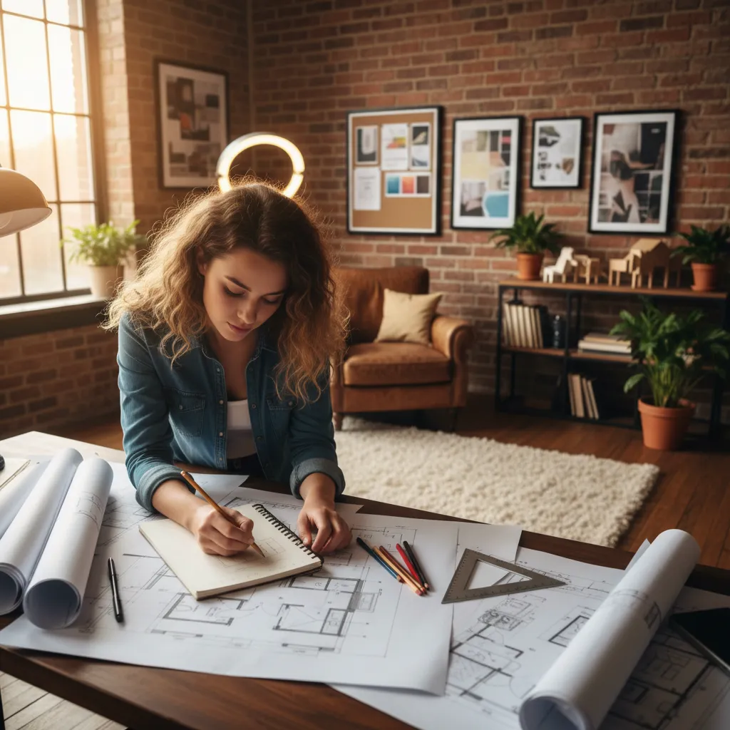 Estudiante realizando bocetos de diseño de interiores en un cuaderno junto a planos