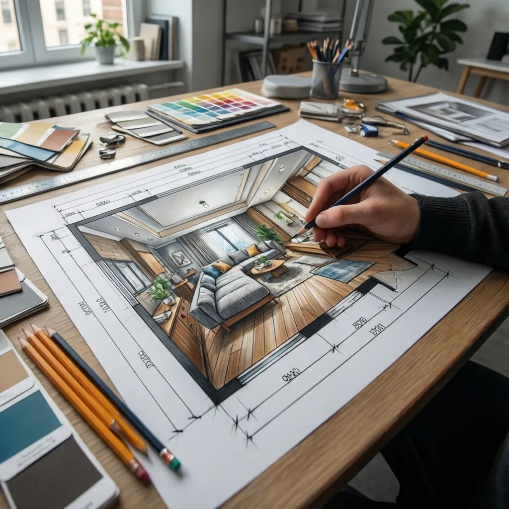 Hand sketching an interior design drawing of a living room with sofa on wooden desk
