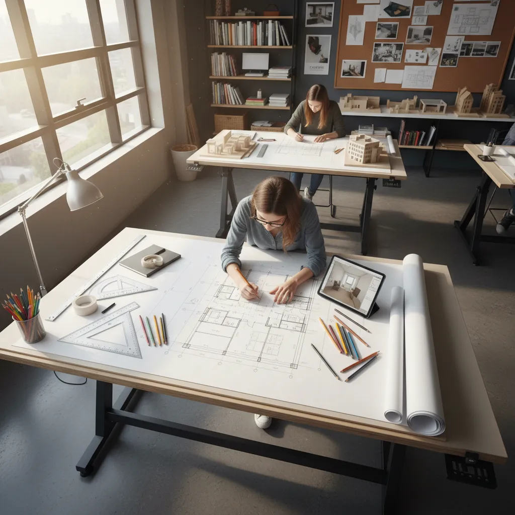 Estudiante de diseño de interiores dibujando planos de distribución en una mesa de trabajo