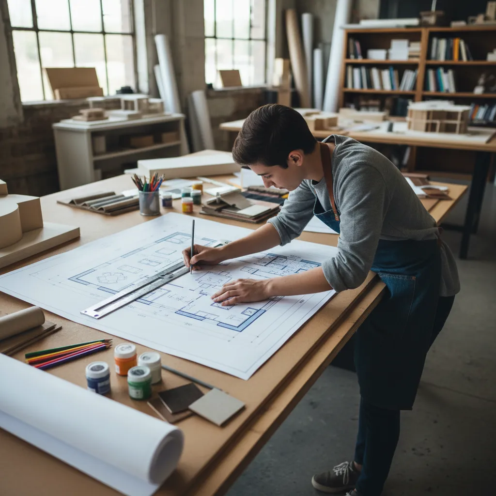 Student wearing apron drawing room layout on large paper with ruler in wooden workshop studio