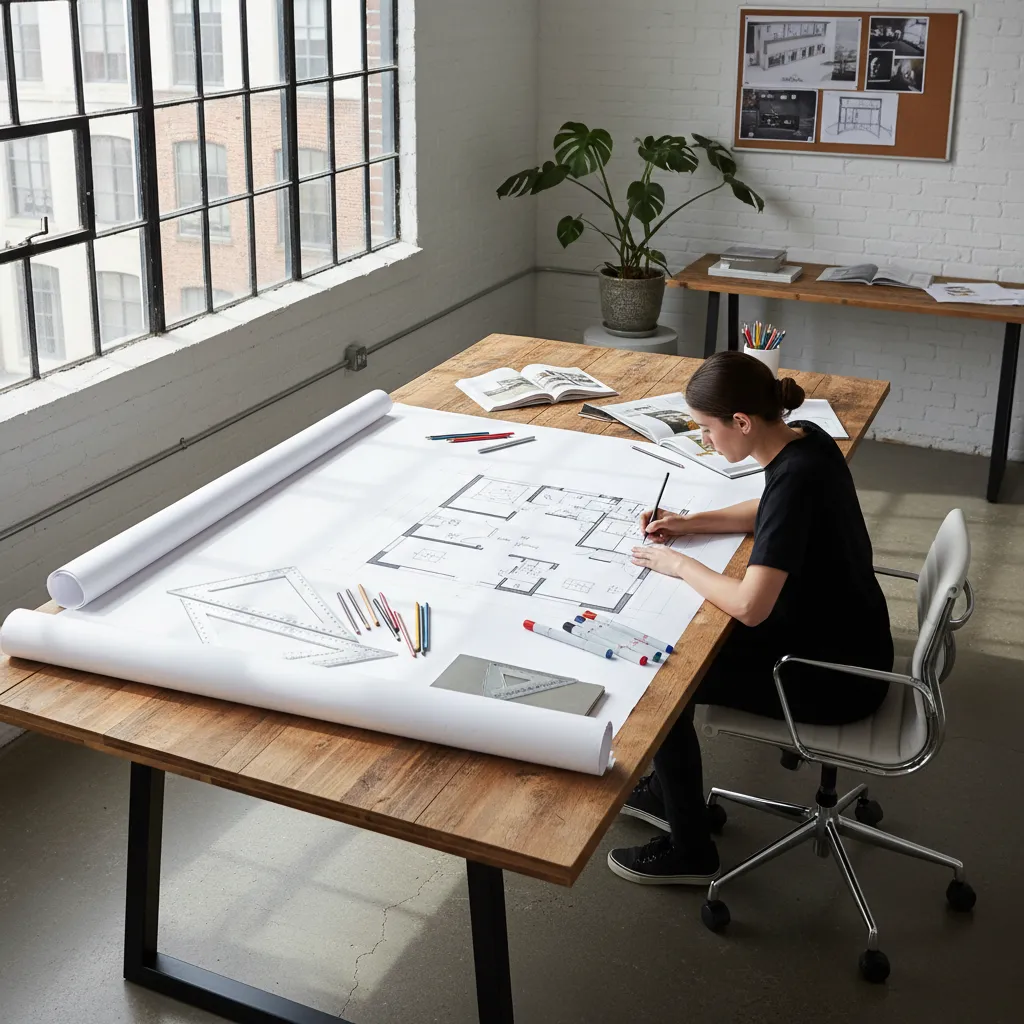 Female interior design student sketching a room layout on a large wooden table with pencils