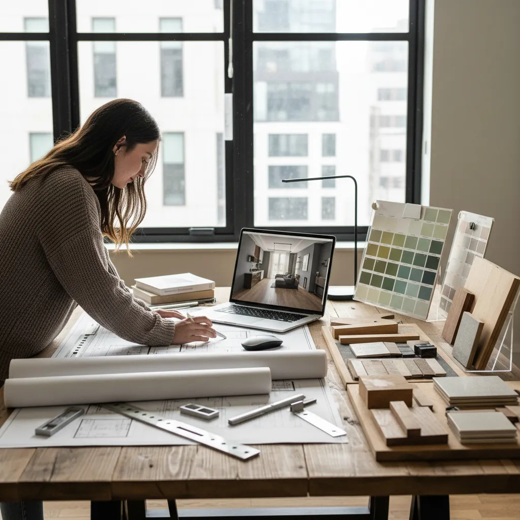 Estudiante revisando planos de diseño interior y muestras de materiales