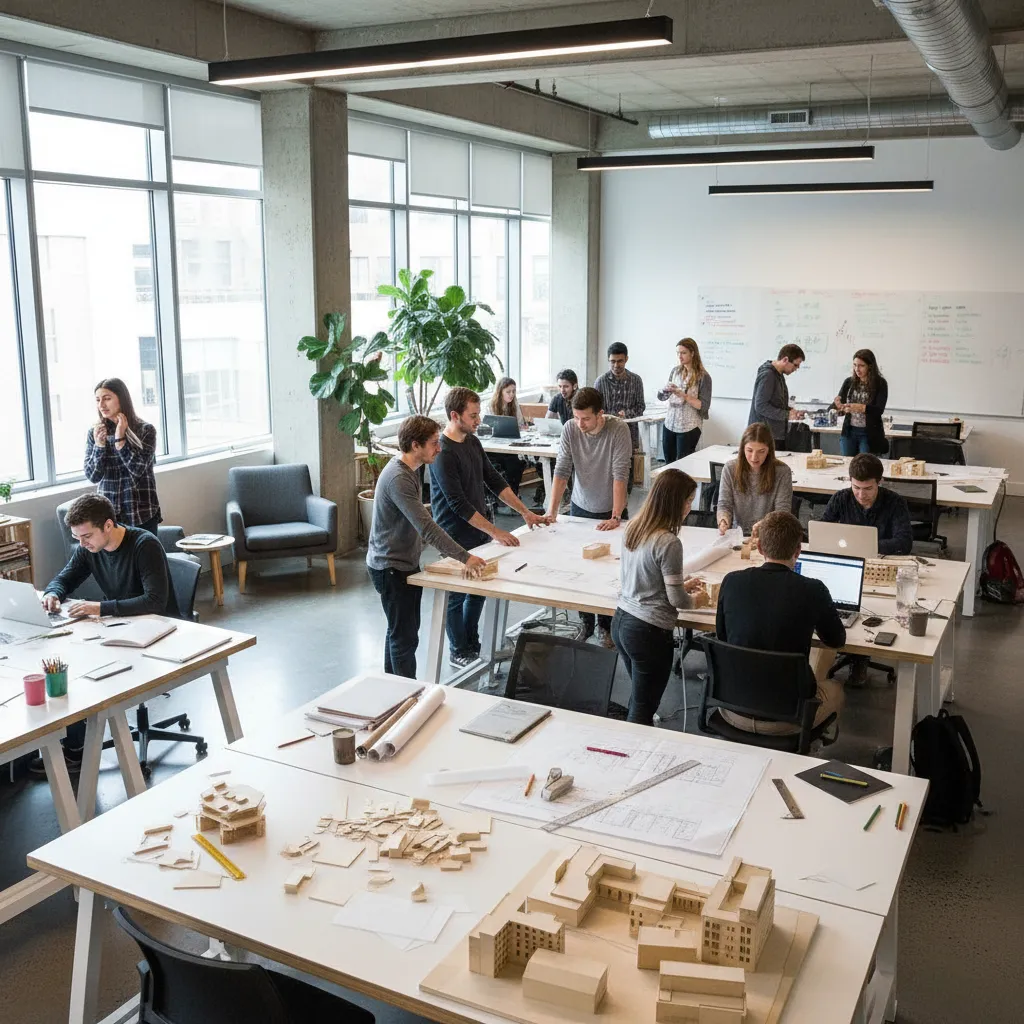Students in an interior design studio working on room plans, building scale models at tables