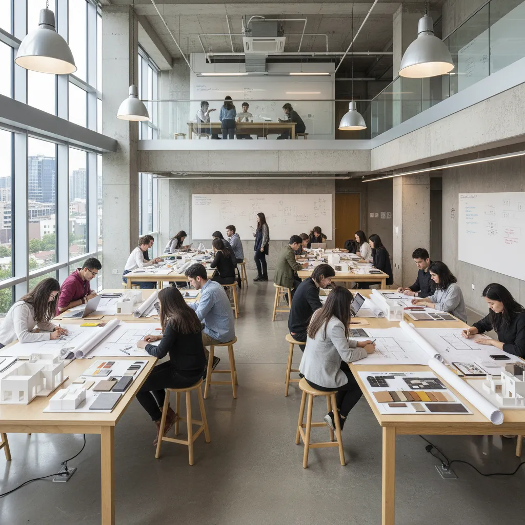 Estudiantes de diseño de interiores trabajando en planos y maquetas