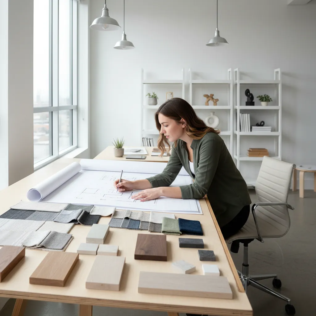 Estudiante de diseño de interiores revisando planos y muestras de materiales