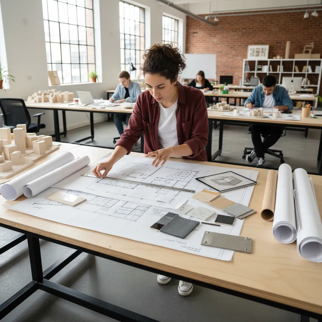 Estudiante de arquitectura revisando planos de interiorismo en un estudio