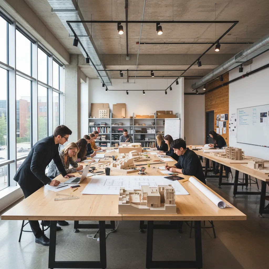 Estudiantes de diseño de interiores trabajando en maquetas y planos