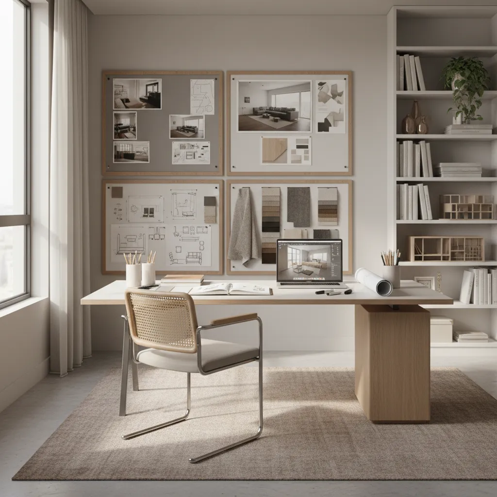 interior design student working on sketches and mood boards in studio