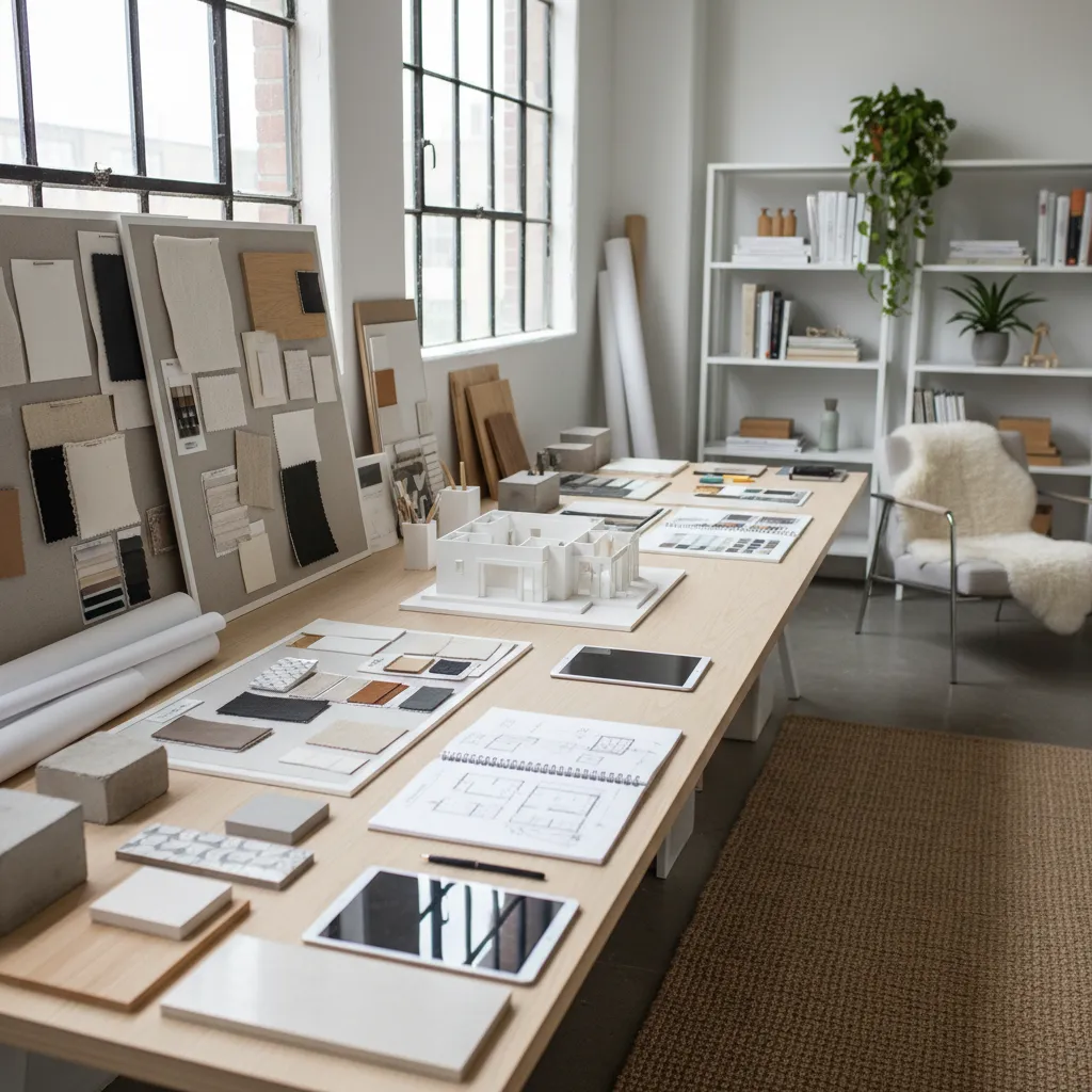 interior design student creating layout plans and mood boards in design studio