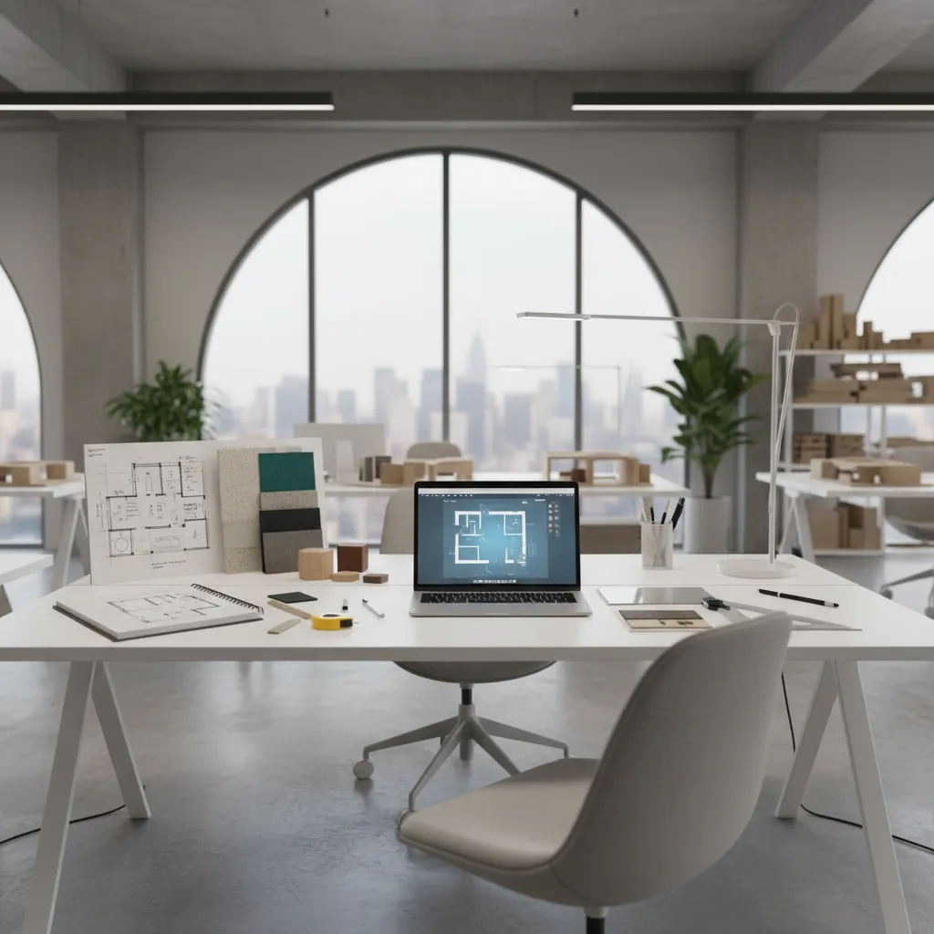 Interior design student reviewing sketches and digital layout on a laptop in design studio