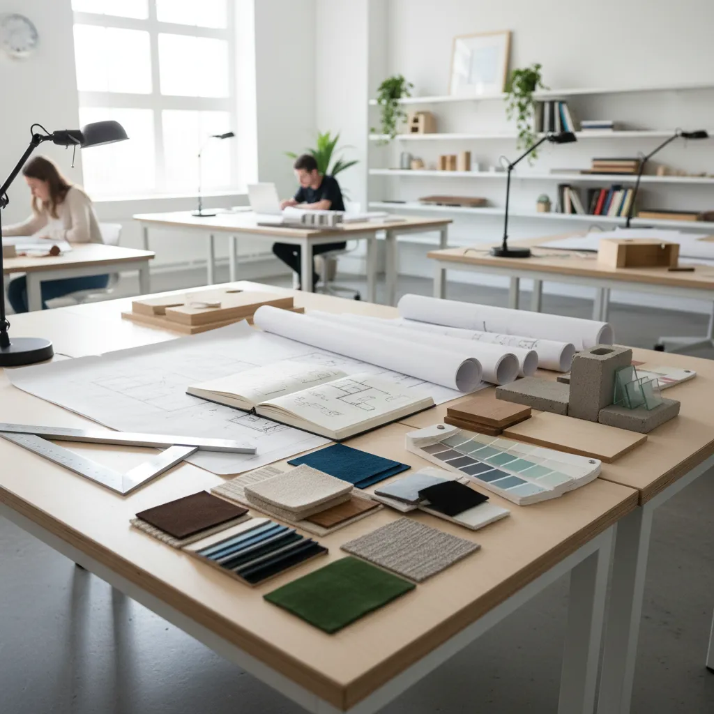 Estudiante de diseño de interiores trabajando en planos y muestras de materiales