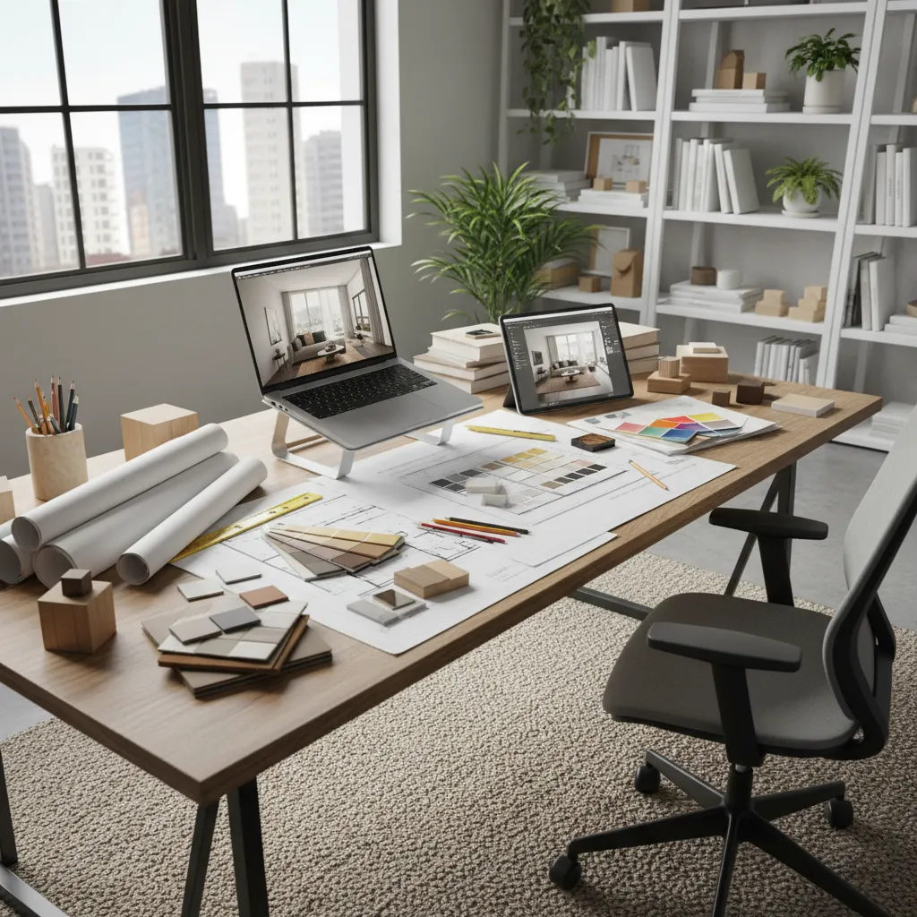 Estudiante revisando planos y muestras de materiales en una mesa de trabajo de interiorismo