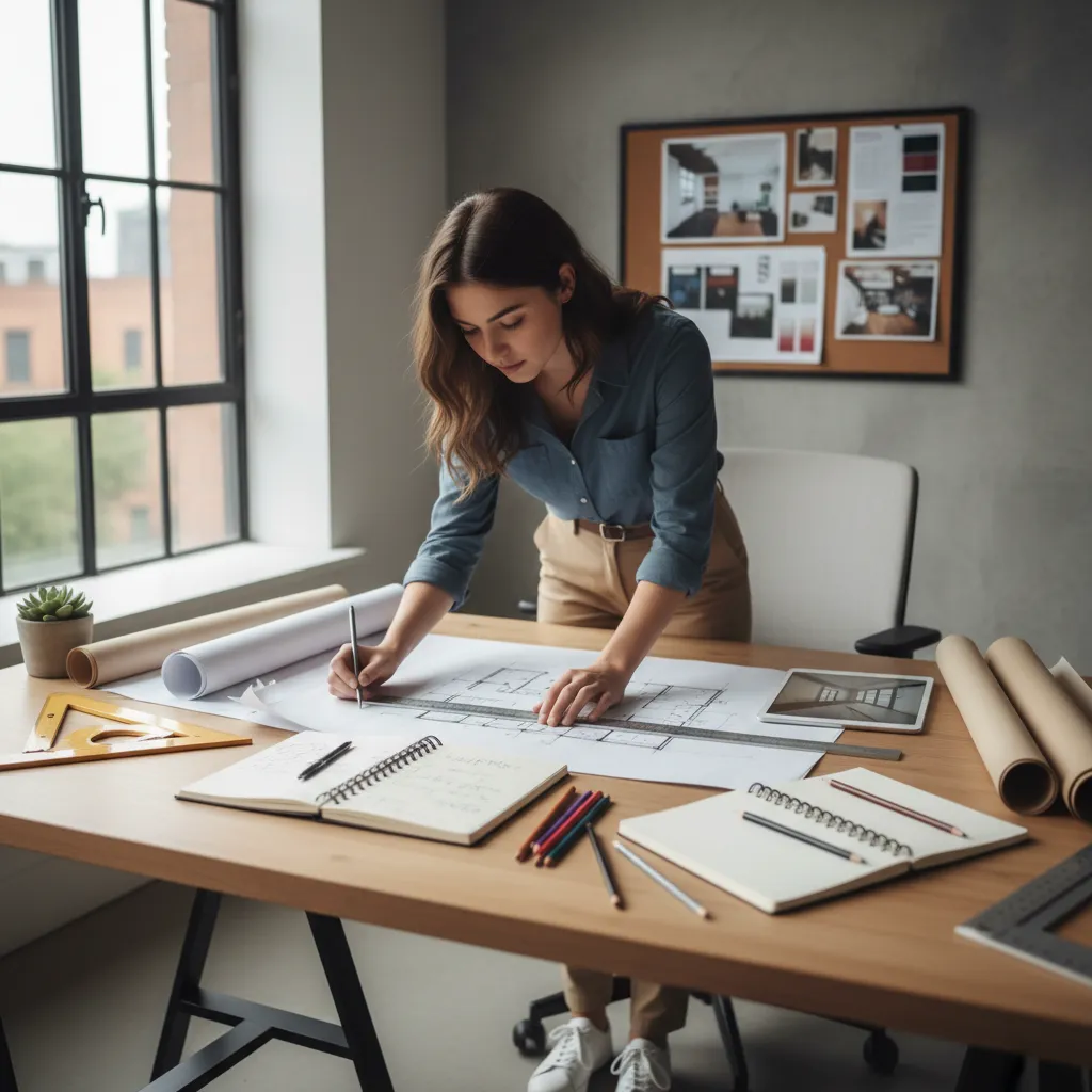 Estudiante analizando planos de distribución interior en una mesa de trabajo