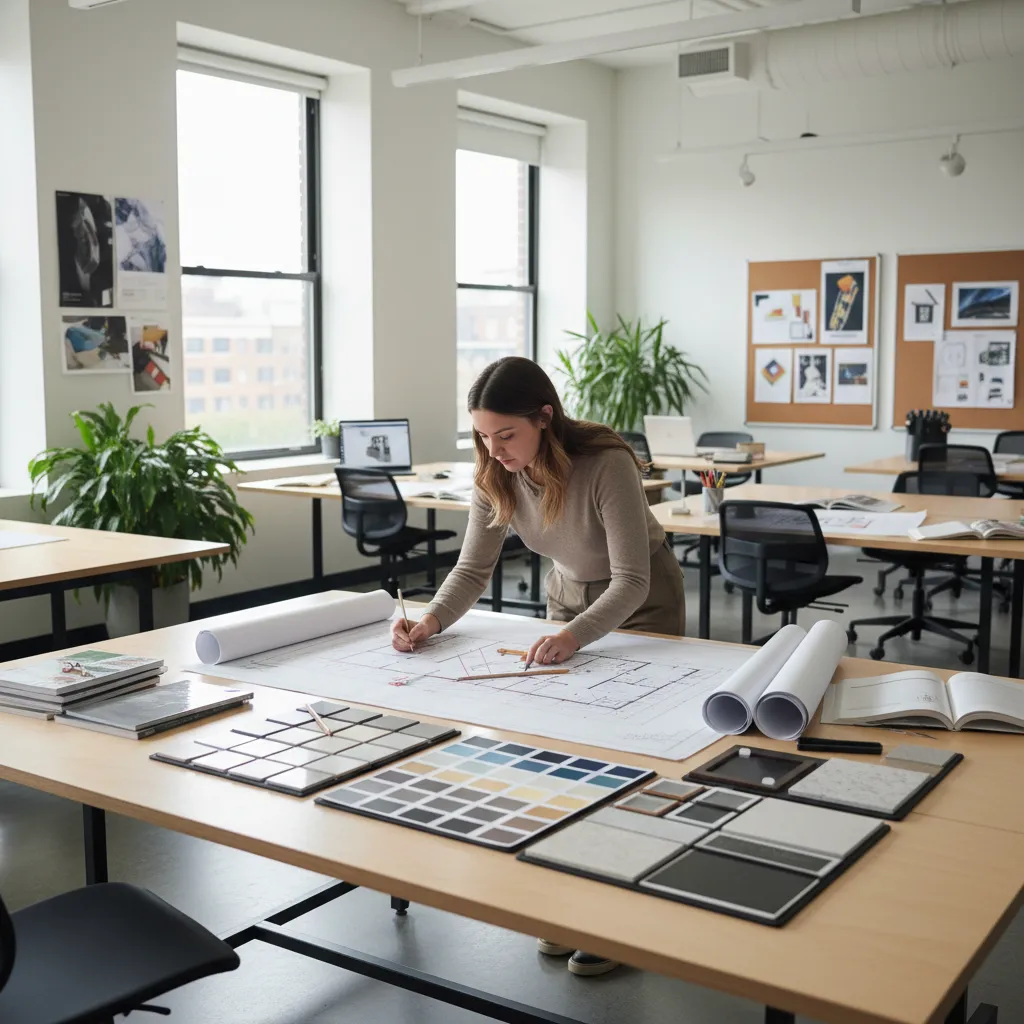 Estudiante trabajando en un proyecto de diseño de interiores con planos y materiales