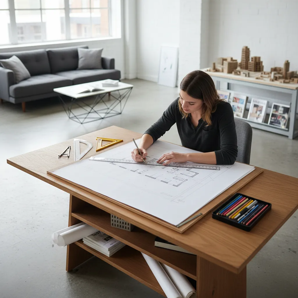 Estudiante de diseño de interiores dibujando planos en una mesa de trabajo