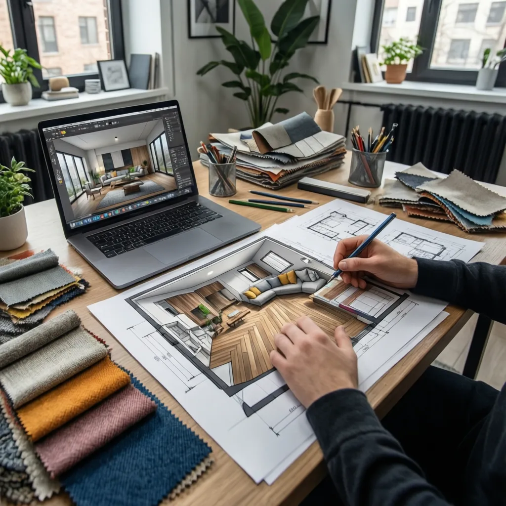 Estudiante desarrollando un proyecto de diseño interior con planos y muestras de materiales