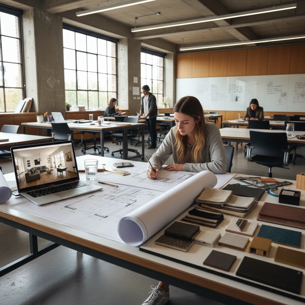 Interior design student drawing a floor plan at desk with laptop material samples and windows